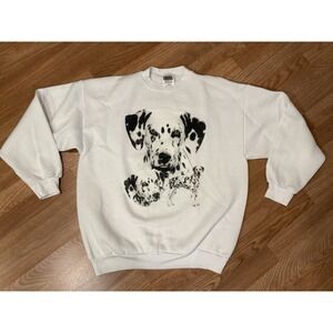 Vintage 90s‎ Dalmatian Dog White Sweatshirt Sz LG Unisex Graphic Novelty Art